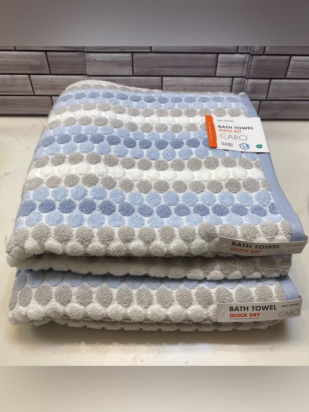 CARO home ❤️ Ultra soft 100% Cotton Dot/ Striped(2) Bath Towels Blue NWT